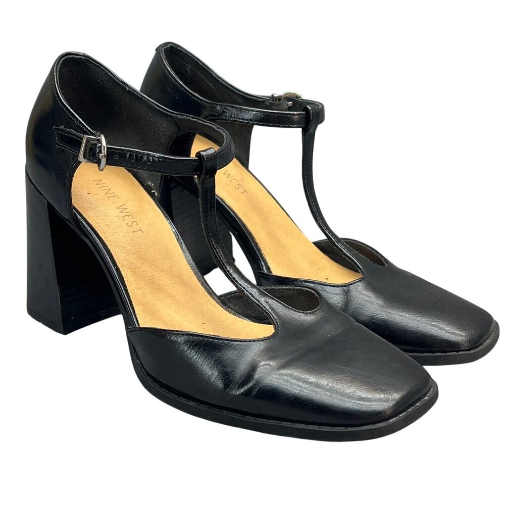 Nine West Black Leather Janky T Strap Mary Jane Block Dressy Heel Women 8